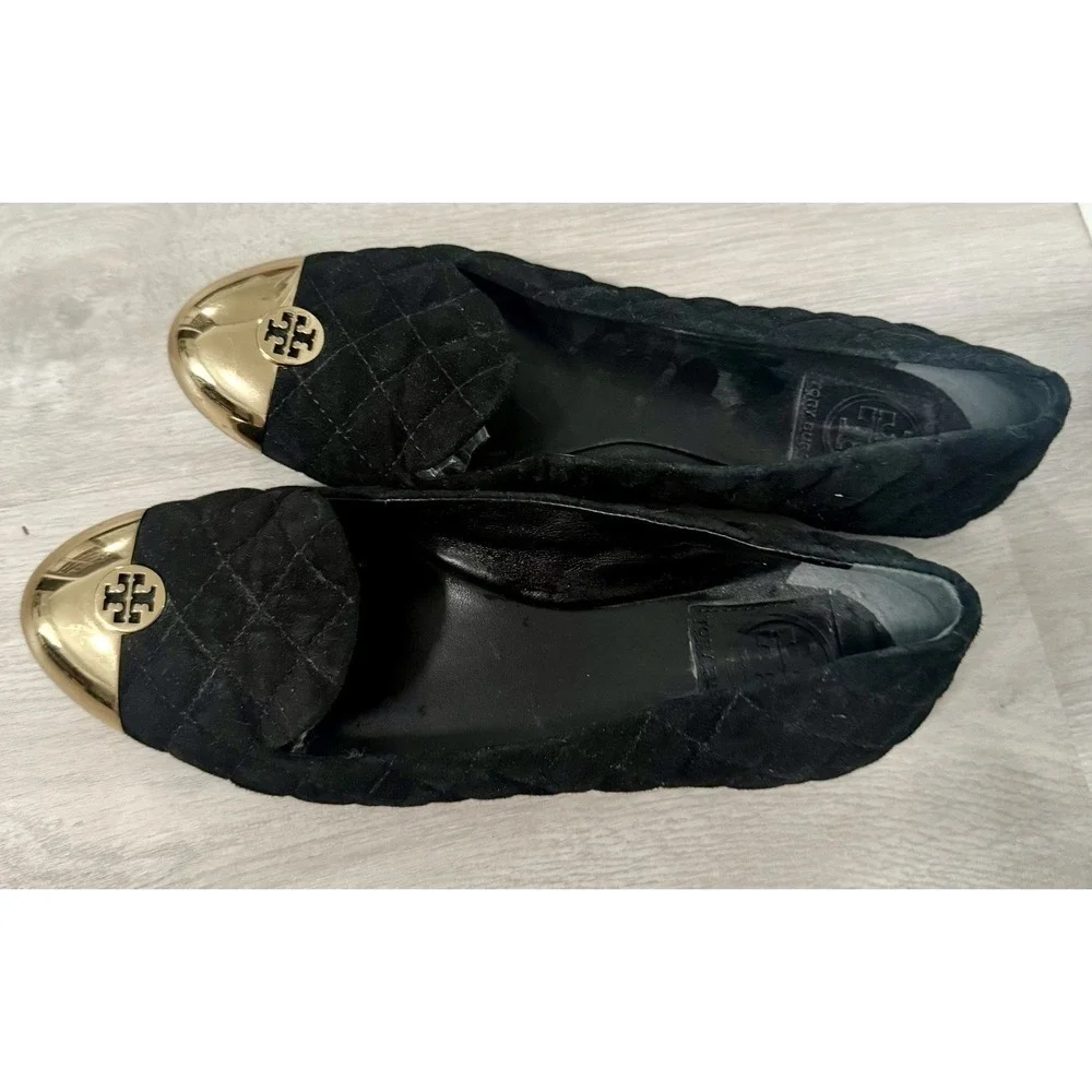 Tory Burch Black Quilted Velvet Gold Cap Toe Ballet Flats Women's Shoes sz 7